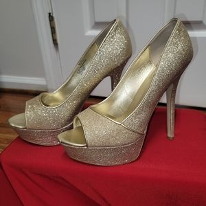 Glittery gold platform peeptoe pumps
